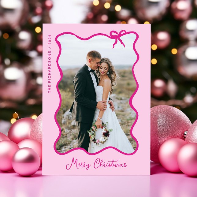 Christmas Bow | Wavy Pink Photo Frame Holiday Card (Creator Uploaded)