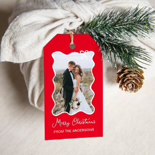 Christmas Bow   Wavy Red and White Photo Frame Gift Tags