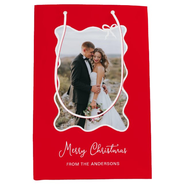 Christmas Bow | Wavy Red and White Photo Frame Medium Gift Bag (Front)