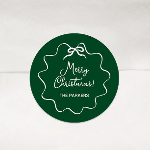 Christmas Bow   Wavy Whimsical Green and White Classic Round Sticker