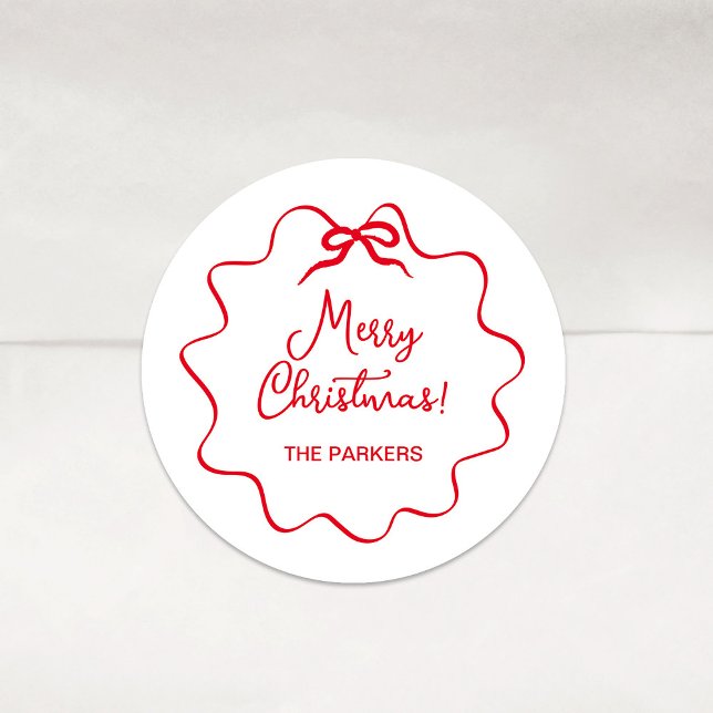 Christmas Bow | Wavy White with Red Classic Round Sticker (Creator Uploaded)