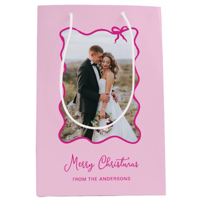 Christmas Bow | Whimsical Pink Photo Frame Medium Gift Bag (Front)