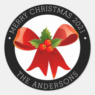 Christmas Bow with Holly Return Address  Classic Round Sticker