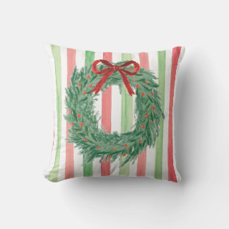 Christmas Bow Wreath Watercolor Throw Pillow