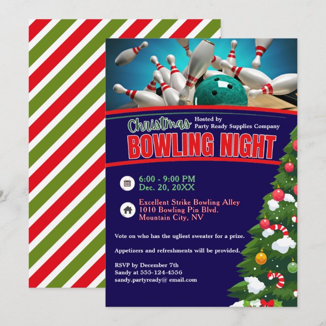 Christmas Bowling Night Blue Background Party Invitation (Front/Back)