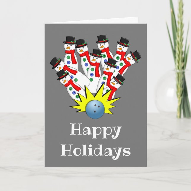 Christmas Bowling Snowmen... Strike! Holiday Card (Front)