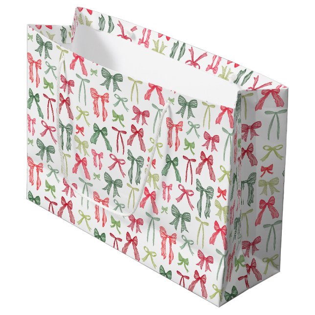 Christmas bows and ribbons green and red large gift bag (Front Angled)