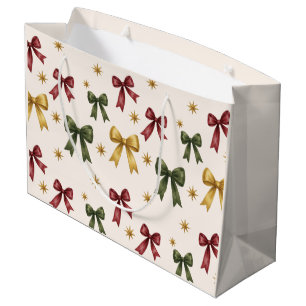 Christmas Bows Burgundy Green Gold Watercolor Large Gift Bag