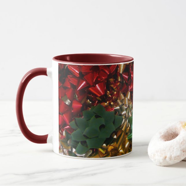 Christmas Bows Colourful Festive Holiday Mug (With Donut)