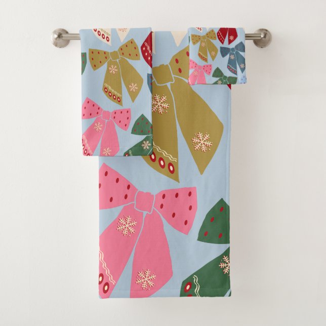 Christmas Bows Coquette Blue Bath Towel Set (Insitu)