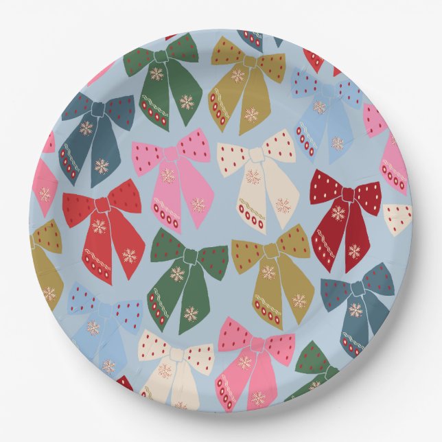 Christmas Bows Coquette Blue Paper Plate (Front)