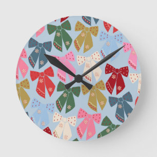 Christmas Bows Coquette Blue Round Clock