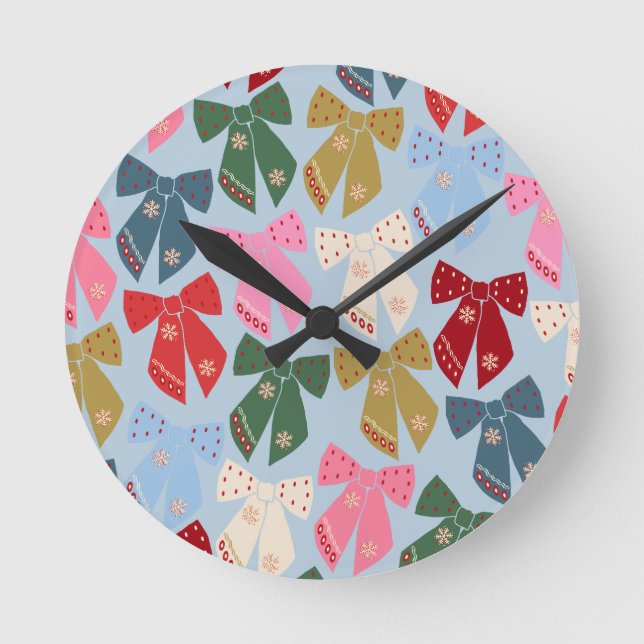 Christmas Bows Coquette Blue Round Clock (Front)
