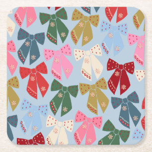 Christmas Bows Coquette Blue Square Paper Coaster
