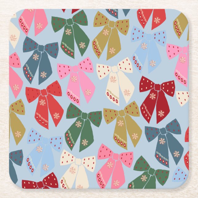 Christmas Bows Coquette Blue Square Paper Coaster (Front)