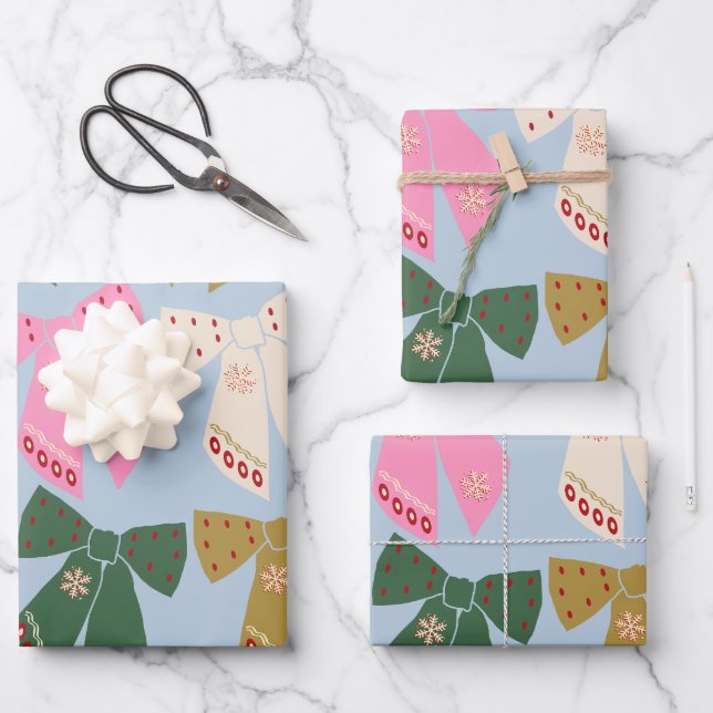 Christmas Bows Coquette Blue Wrapping Paper Sheet (Front)