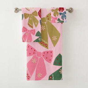 Christmas Bows Coquette Pink Bath Towel Set