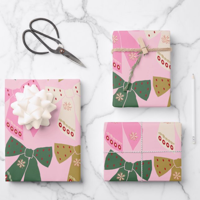 Christmas Bows Coquette Pink Wrapping Paper Sheet (Front)