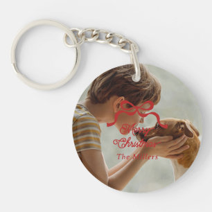 Christmas Bows Retro Holiday Premium Red Photo Key Ring