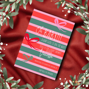 Christmas Bows Stripes Girls Baby Shower Invitation