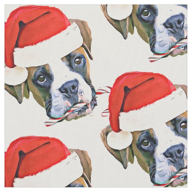 Christmas Boxer dog  white pattern Fabric (Close Up)