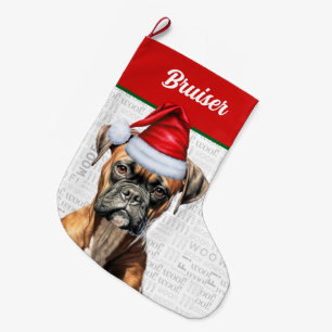 Christmas Boxer Dog with Name Woof Background Large Christmas Stocking