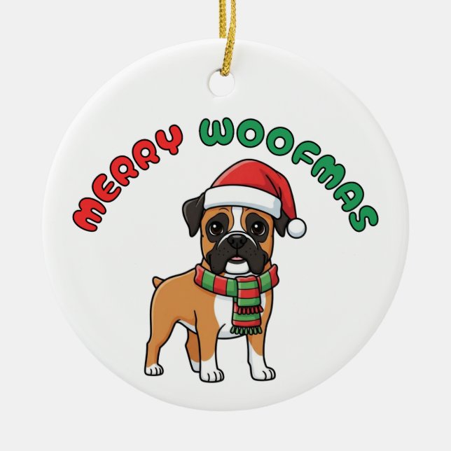 Christmas Boxer Ornament: Merry Woofmas Ceramic Tree Decoration (Front)