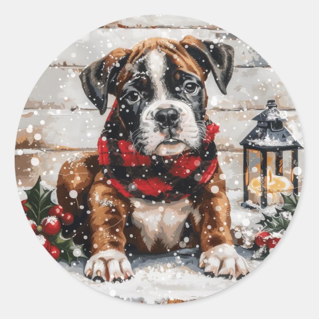 Christmas Boxer Puppy Classic Round Sticker (Front)
