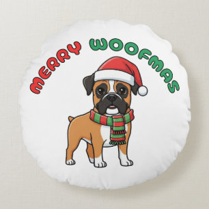 Christmas Boxer Round Pillow: Merry Woofmas Round Cushion