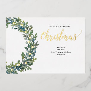 Christmas Boxwood Wreath Watercolor and Gold Foil Foil Holiday Card