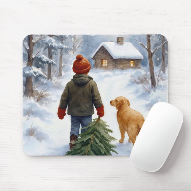 Christmas Boy Dragging an Evergreen Tree Home Mouse Mat (With Mouse)
