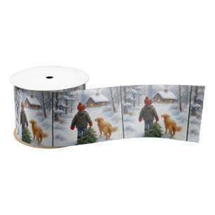 Christmas Boy Dragging an Evergreen Tree Home Satin Ribbon