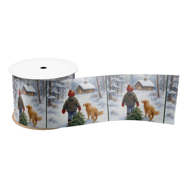 Christmas Boy Dragging an Evergreen Tree Home Satin Ribbon (Spool)