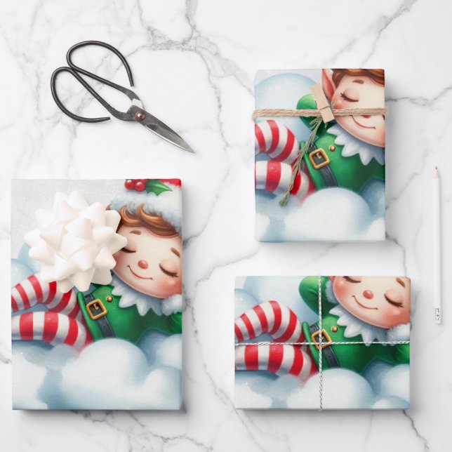 Christmas Boy Elf Sleeping on A Cloud  Wrapping Paper Sheet (Front)