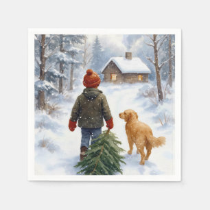 Christmas Boy In Snowflakes With Pine Tree and Dog Napkin
