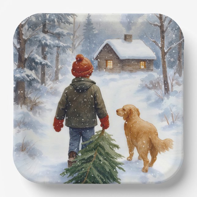 Christmas Boy In Snowflakes With Pine Tree and Dog Paper Plate (Front)
