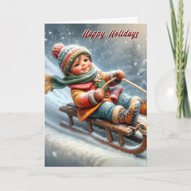 Christmas Boy Sledding Down a Hill Holiday Card (Front)