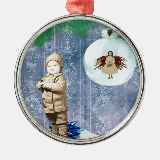 Christmas Boy With His Angel Metal Tree Decoration (Front)