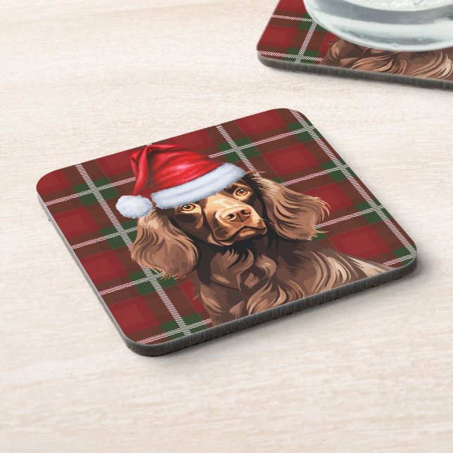 Christmas Boykin Spaniel Dog Red Plaid Holiday Coaster (Left Side)