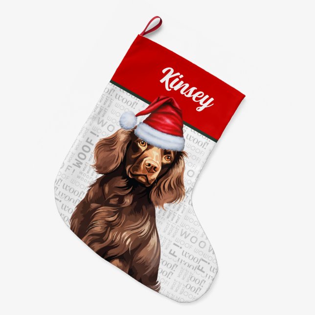 Christmas Boykin Spaniel with Name Woof Background Large Christmas Stocking (Front (Hanging))