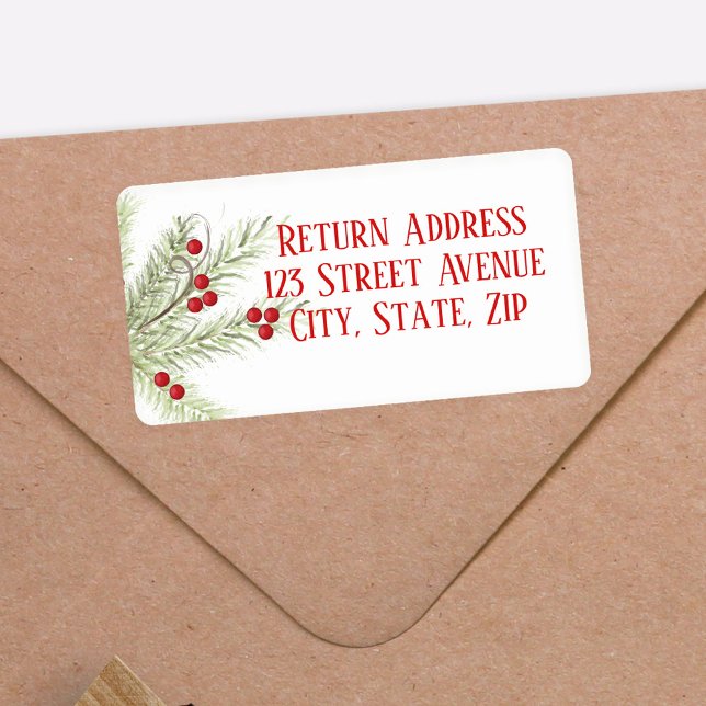Christmas Branch Holiday Mailing Label (Watercolor Holiday Holly Berries Return Address Labels.)
