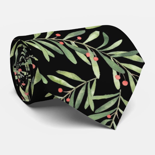 Christmas Branches and Berries on Black Tie (Rolled)