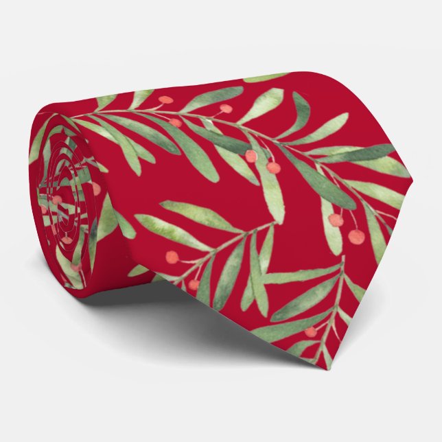 Christmas Branches and Berries on Red Tie (Rolled)