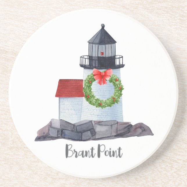 Christmas Brant Pt Lighthouse Sandstone Coaster (Front)