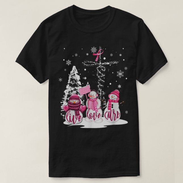 Christmas Breast Cancer Live Love Cure Snowman Chr T-Shirt (Design Front)