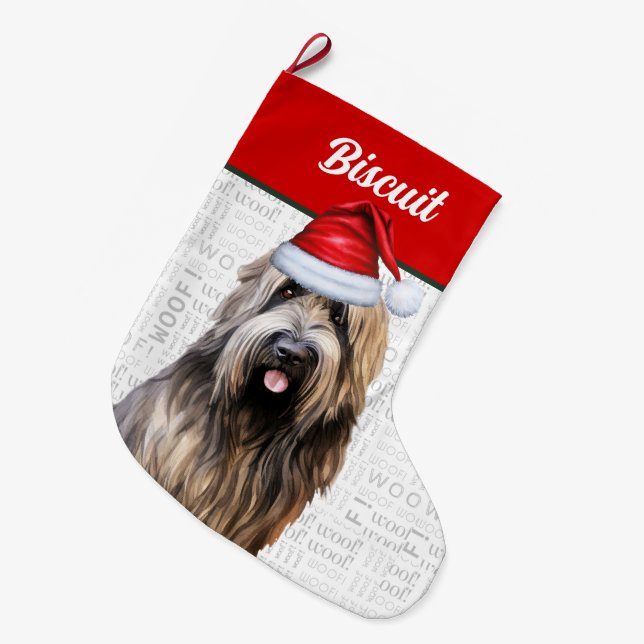 Christmas Briard Dog with Name Woof Background Large Christmas Stocking (Front (Hanging))