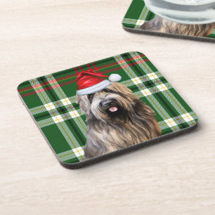 Christmas Briard Shepherd Dog Green Plaid Holiday Coaster