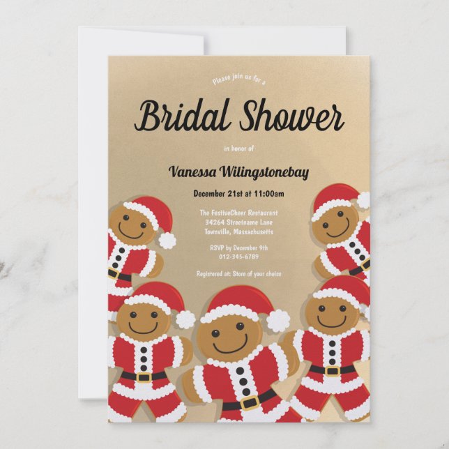 Christmas Bridal Shower Gold Gingerbread Santa Invitation (Front)