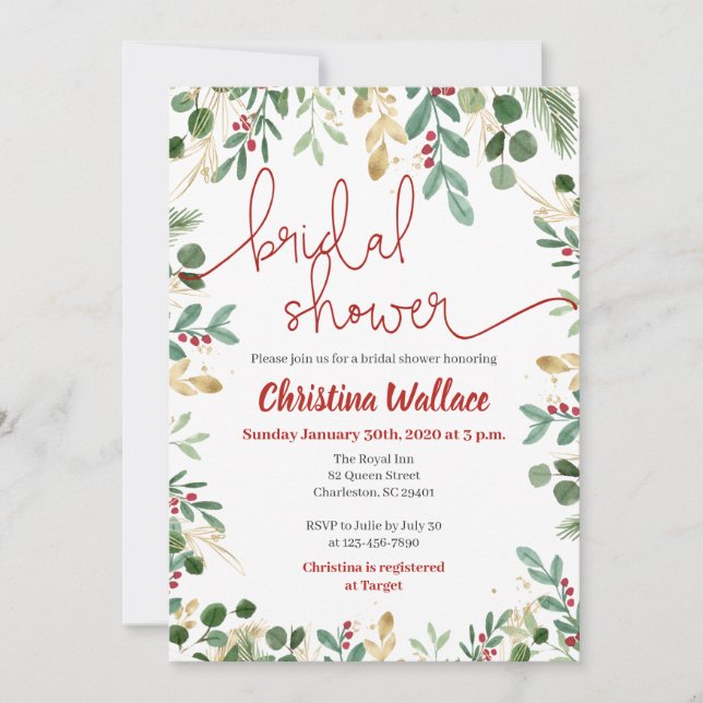 Christmas Bridal Shower Invitations -Red and Green (Front)