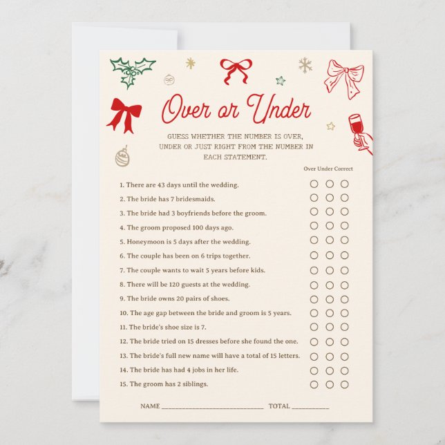 Christmas Bridal Shower Over or Under Game Card (Front)